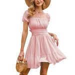 EXLURA Women's 2024 Summer Short Puff Sleeve Casual Short Mini Dress Tie Back Square Neck A-Line Sundress, Pink, X-Large