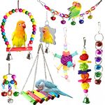 8 Pcs Bird Budgie Parakeet Toys, ESRISE Hanging Bell Hammock Swing Cockatiel Toy Wooden Perch Mirror Chewing Toy for Small Parrots, Conures, Love Birds (Muliti-A)