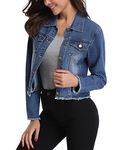 MISS MOLY Jean Jacket Women’s Frayed Washed Button Up Cropped Denim Jacket w 2 Side Pockets, Dark Blue, XX-Large