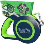 Mighty Paw Retractable Dog Lead 2.0 | 5 m Heavy Duty Reflective Extendable Dog Lead For Pets Up To 22 kg. Tangle Free Design W/One Touch Quick-Lock Braking System & Anti-Slip Handle. (Green/Lite)