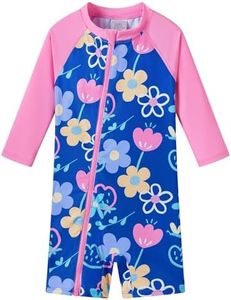 UMELOK Baby Girls' One Piece Swimsuit Infant Swimwear Rash Guard Swim Suit Full Zip with Long Sleeve UPF 50+ Sun Protection Swimsuit Pink Blue Flower,9M