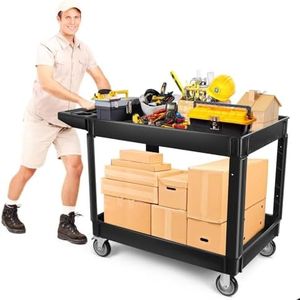 Lanstics 550lbs Heavy Duty Utility Cart on Wheels, 2-Tier Extra Capacity Rolling Trolley Cart Multi-Purpose Large Service Cart with Handle Black Storage Organizer Mobile Tool Cart for Warehouse