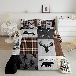 Deer Antler Comforter Set King Size,Bear Paw Pine Trees Rustic Farmhouse Bedding Set for Boys Girls Adults Room Decor,Geometric Plaids Arrows Down Comforter,Brown Retro Duvet Insert,2 Pillowcases