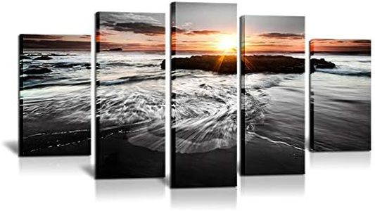 5 Panels Large Sea Sunrise Paintings on Canvas Wall Art Modern Seascape Pictures Black and White Ocean Beach Photos Giclee Prints Artwork for Living Room Home Office Wall Decor