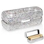 Adorila Lipstick Case with Mirror, Rhinestone Crystal Lipstick Organizer for Travel, Portable Bling Diamonds Lip Gloss Storage Holder (White)