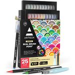 Arteza Real Brush Pens, 24 Colors for Watercolor Painting with Flexible Nylon Brush Tips, Paint Markers for Coloring, Calligraphy and Drawing with Water Brush for Artists and Beginner Painters