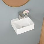 Sarlai Wall Mount Hung Small Vessel Sink - 13"x11" Floating Vessel Sink Wall Mounted Small Bathroom Sinks Tiny Modern Rectangle Floating White Porcelain Ceramic Vanity Sink