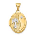 14ct Yellow Gold Textured Polished Reversible Holds 2 photos Sentiment on back Rhodium 17mm Guardian Angel Oval Locket Jewelry for Women