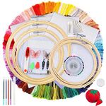 Full Range Embroidery Starter Set Including 5 Pieces Bamboo Embroidery Hoops, 100 Colors Embroidery Threads, 2 Pieces Aida Cloth and Cross Stitch Tool Kit for Beginners (100 Embroidery Thread (New))