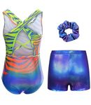 uideazone Gymnastics Leotard For Girls Blue Stripes One-Piece Gym Outfit Quick Dry Leotards Biketard Unitard With Shorts