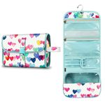 Portable Toiletry Travel Wash Bag, FINPAC Large Water Resistant Hanging Makeup Organizer Cosmetic Storage Pouch Case for Women Girls, Raining Hearts