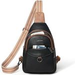 LATMAP 7L Sling Bag for Women Men Crossbody Belt Bag Small Travel Sling Backpack Anti Theft Chest Daypack Purse Faux Leather,Black with Brown