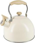 Lily's Home Whistling Tea Kettle, Teapot for Stovetop, Pleasant Whistle Sound, Heat Resistant Plastic Handle - Faux Wood Finish, Non Toxic Stove Kettle for Boiling Water - 2.5 Quarts (Cream)