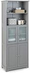 Giantex 163cm Bathroom Storage Cabinet, Kitchen Pantry Cupboard with Glass Doors, Open Storage Shelves & 3-Level Adjustable Shelves, Tall Storage Buffet Sideboard for Living Room Kitchen, Grey