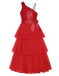 GRACE KARIN Big Girl Wedding Bridemaid Dresses Floor Long Maxi Red Sequin Prom Gown Formal Party Birthday Princess Dress for Girls Age 12 Years Old