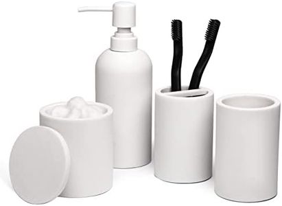 Jo Lavie - White Bathroom Accessory Set - 4 Pcs Bathroom Accessories Sets Complete Include Hand Soap Dispenser Toothbrush Holder Qtip Holder Tumbler Bathroom Decor Accesorios para Baño