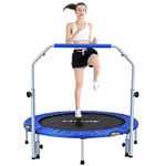 FirstE 48'' Foldable Mini Trampoline, Fitness Rebounder with 4 Level Adjustable Foam Handle, Exercise Trampoline for Adults Indoor/Garden Workout, Kids Recreational Trampoline, Max Load 440lbs, Blue