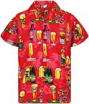 V.H.O. Funky Hawaiian Shirt Men Short Sleeve Front-Pocket Beerbottle Multiple Colors, Red, 3X-Large