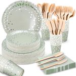 350PCS Green and Silver Party Supplies, Disposable Party Dinnerware Sets with Silver Dot Paper Plates Napkins Cups Cutlery for Baby Shower Wedding Birthday Graduation Party