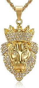 Lee Island Fashion 18K Gold Plated Lion King with Crown Pendant Stainless Steel Punk Viking Rock Necklace, 24 Inch Chain For Men Women Hip Hop Rapper Animal Jewelry Gift