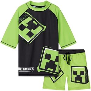 Minecraft Boys' Two-Piece Swimsuit - Swimming Shirt & Swimming Shorts, Light Green/Black, 9-10 Years