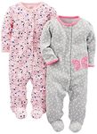 Simple Joys by Carter's Baby Girls' 2-Pack Cotton Footed Sleep and Play, Gray Butterfly/Pink Floral, 0-3 Months