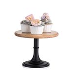 8 inches/21cm Wood Cake Dessert Stand with Metal Black Matt Base, Round Cupcake Holder, Wedding Birthday Party Pedestal Display Plate