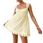 NUFIWI Women Sleeveless Mini Sundress Floral Embroidery Elastic Waist Aline Dress Square Neck Babydoll Short Dress, A221 Light Yellow, Small