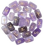 Crocon Amethyst Gemstone Runes (Rectangle Shape) with Elder Futhark Alphabet Engraved 25 pcs Rune Set Crystal Divination Healing Chakra Reiki with a Pouch & Rune brochure Size : 20-25mm