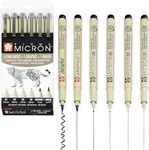 SAKURA Pigma Micron - Fineliner Pigment Pens - 01/03/05/08/Graphic/Brush - Pack of 6 - Black Ink