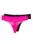 Smart & Sexy Women's Signature Lace Thong Panty 2 Pack, Electric Pink/Black Hue, 7