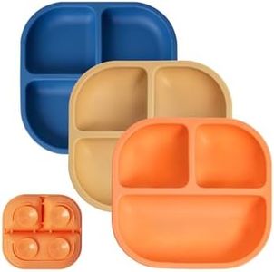 BABELIO Powerful Suction Plates for Baby and Toddler, 100% Food Grand Silicone, Divided, BPA Free, Microwave & Dishwasher Safe, Stay Put, 3 Pack