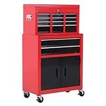 HOMCOM Tool Chest, Metal Tool Cabinet on Wheels with 6 Drawers, Pegboard, Top Chest and Roller Cabinet Combo, 61.6 x 33 x 108cm, Red