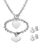 Bucherry 3 Pcs Heart Jewelry Set Heart Pendant Necklace Heart Chain Toggle Necklace Heart Bracelet Earrings Love Stainless Steel Link Chain for Women Christmas Valentine's Day Gift(Silver)