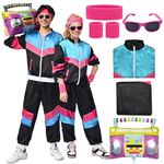 Forfamy 80s Tracksuit Costume Men Women, 90s Retro Hip-Hop Costume Jacket Shell Windbreaker Sportswear Party Dress Sweatband, Black, Small