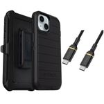 OtterBox iPhone 15 (Only) Bundle: - Defender Series Case - Black - Holster Clip Included - Microbial Defense Protection - USB-C to USB-C Cable - Non-Retail Packaging