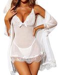 RSLOVE Sexy Lingerie for Women Lace Babydoll with Robe Nightdress Sleepwear Whtie Medium White