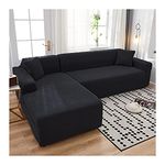 ANAZOZ Couch Cover Sectional 3 Seat,Universal Elastic Sofa Cover Black Polyester Sofa Cover Solid Color Fleece Lining Sofa Slipcover 3 Seater+4 Seater(235-300CM)