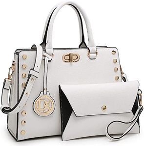 Dasein Women Medium Satchel Handbag Work Tote Shoulder Bag Top Handle Purse with Matching Clutch 2pcs Set (White)