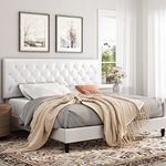 Upholstered Platform Bed Frame with Button Tufted Headboard, Faux Leather, Wooden Slats Support, No Box Spring Needed, Easy Assembly, Full Size, White