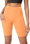 ODODOS 8" Tummy Control Yoga Shorts for Women with Pockets High Waist Running Workout Athletic Biker Shorts, Neon Orange, Large