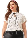 OYOANGLE Women's Plus Size Heart Print Tie Neck Short Sleeve Work Office Summer Blouse Tops, White, 5X-Large Plus