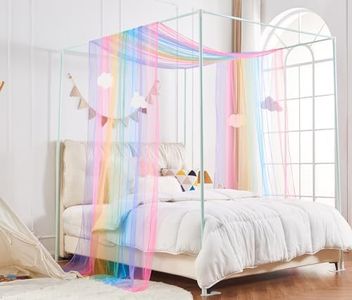 WANFASO Rainbow Princess Canopy Bed Curtain Queen, Bed Scarf Valance with Cloud Ornaments, Bed Canopy for Girls Bedding Decor (1 Panel, Full/Queen Size)
