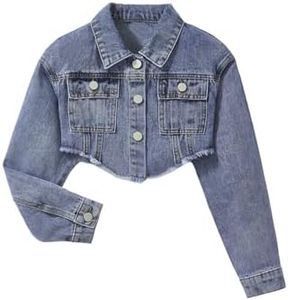 BEAUDRM Girl's Long Sleeve Asymmetrical Raw Hem Coat Collared Neck Button Up Crop Denim Jackets with Pockets Medium Wash 8Y
