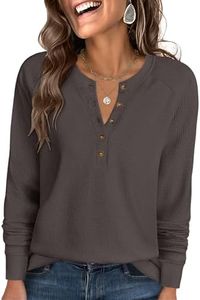 ANRABESS Women's Long Sleeve Waffle Knit Shirts Dressy Casual Loose Button Up V Neck Henley Tops 2026 Fall Basic Tee Blouse Light Brown Small