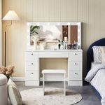 TUKAILAi White Large Dressing Table Set with Hollywood LED Lights Mirror, Cushioned Stool and 7 Storage Drawers, Large Vanity Makeup Table with Blub and Long Mirror for Bedroom Girls Women