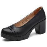 DADAWEN Women's Slip On Mid Block Heel Court Shoes Round Toe Pumps Black New 5 UK