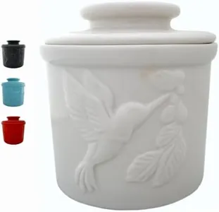 JBK Pottery Hummingbird Butter Crock - White