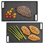 Navaris Reversible Cast Iron Grill/Griddle - 18.5" x 10.8"(47 x 27.5cm) Pre-Seasoned with Handles, Flat & Ribbed Rectangular Grill Plate, for Stove, Oven, Campfire, Heavy-Duty