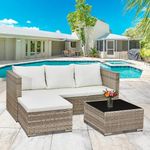 Aweather 3 Pcs Rattan Garden Furniture Sets Outdoor Corner Sofa, All-Weather Handwoven PE Sofa Set, Small Patio Conversation Set with Washable Cushions and Coffee Table, Four Seats